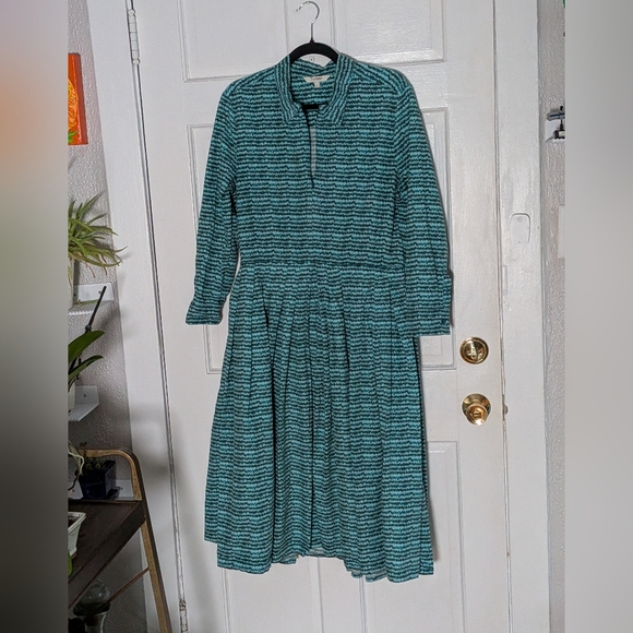Tuckernuck Teal Black Print Organic Cotton Midi Dress | Size L | Long Sleeve - Picture 2 of 5